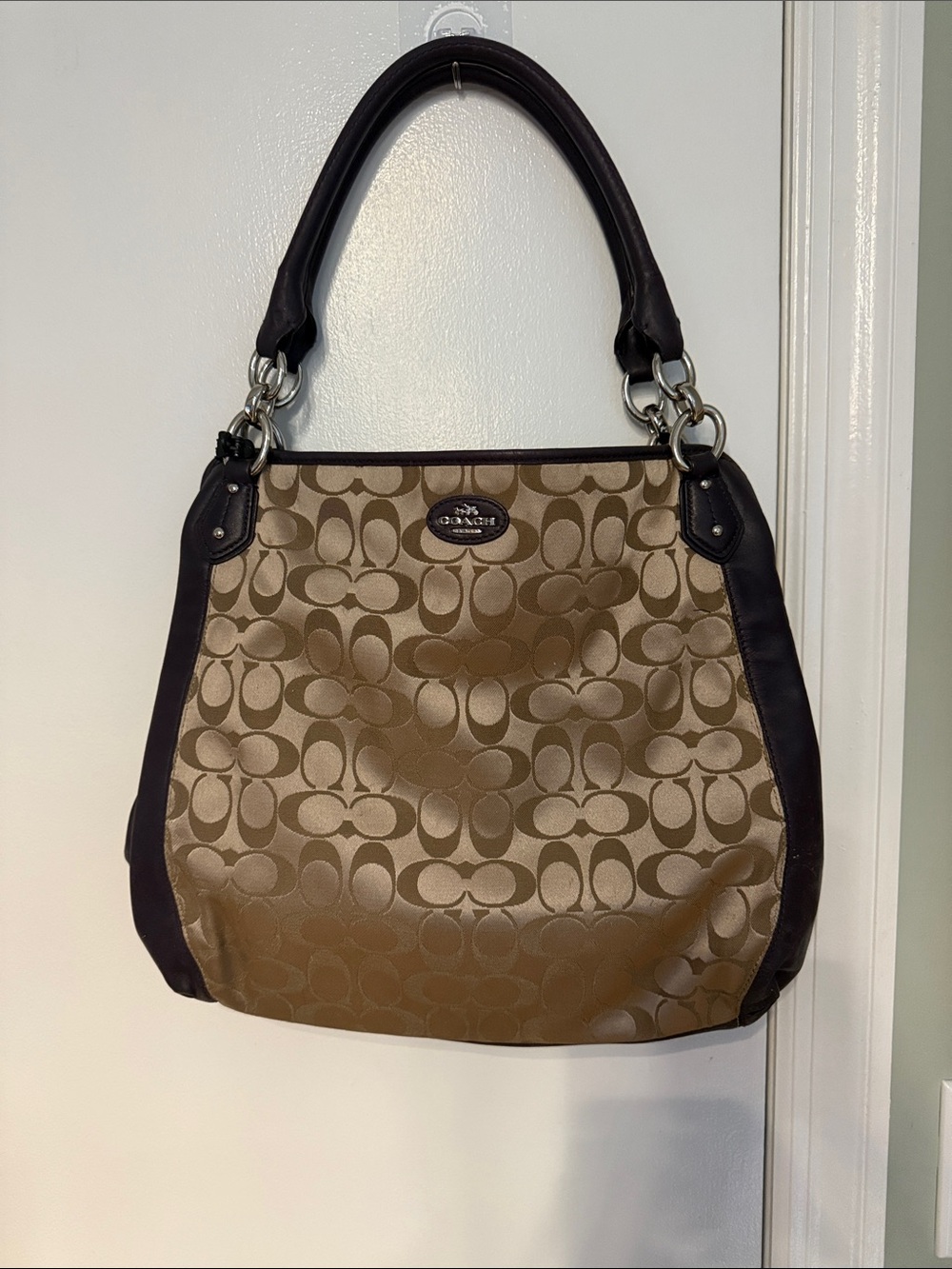 Coach Brown Signature Logo Shoulder Tote with Dark Purple Trim